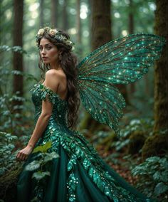 a woman dressed in green is standing in the woods with her wings spread wide open