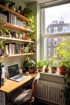 a laptop computer sitting on top of a wooden desk in front of a window filled with potted plants