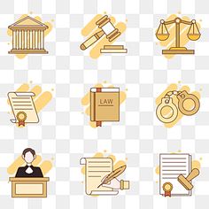 the law icon set is shown in yellow and brown colors, including books, papers, gave