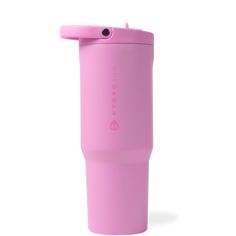 a pink cup with a straw sticking out of it's top and the lid