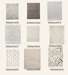 different types of rugs in various colors and sizes, with numbers on each side