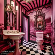 a bathroom with pink walls and black and white checkered flooring is pictured in this image