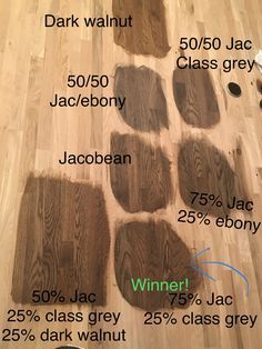 wood flooring that has been cleaned and labeled with different types of stain on it