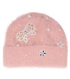 Pearls and a bow appliqué.add to the charm of this Monnalisa beanie. It's a ribbed-knit design in a soft pink hue. Pink Cute Soft Knit Beanie, Trendy Adjustable Pink Beanie, Trendy Pink Beanie, Winter Party Hats With Bow, Cute Pink Winter Beanie, Pink Winter Party Hats, Pink Beanie Bonnet For Winter, Cute Pink Winter Bonnet, Pink Winter Bonnet Cap