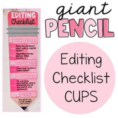 a pink pen with the words editing checklist cups in front of it and an image of