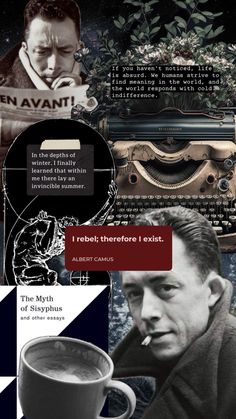 collage of photos with words and images about men in business attire, including an image of a man holding a coffee cup