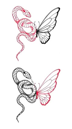 two different types of snake and butterfly tattoos on white paper, one is red and the other is black