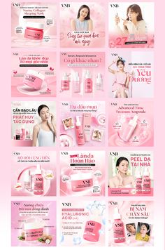 an advertisement for a cosmetics store with pink and white ads on the front, including two women's products