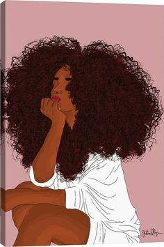 an illustration of a woman with curly hair sitting on the ground and looking off into the distance