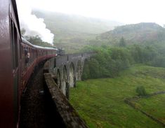 a train traveling over a bridge on top of a lush green hillside