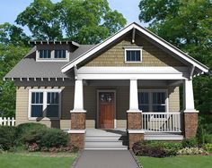 this is a computer rendering of a small, two - story house with porches