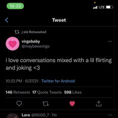 two tweets that are on top of each other, one is saying i love conversations mixed with a flirting and joking