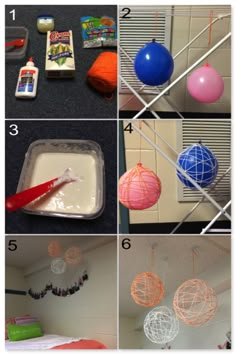 four pictures showing how to make paper ball chandeliers with yarn balls and glue