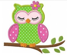 an owl sitting on top of a tree branch with eyes closed and pink flowers in her hair