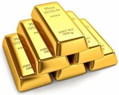 five gold bars stacked on top of each other in front of a white background,