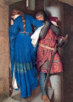 a painting of two people dressed in medieval clothing, one is holding the other's head