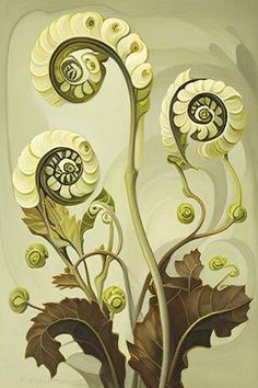 an abstract painting of flowers and leaves on a beige background with swirls in the center