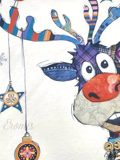 a painting of a reindeer with ornaments hanging from it's antlers and nose