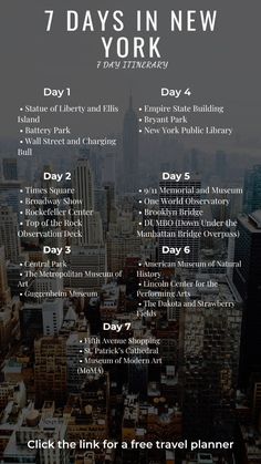 the 7 days in new york with text overlaying it and an image of skyscrapers