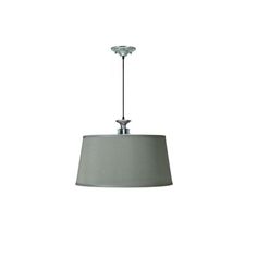 a lamp hanging from the ceiling on a white wall with a gray shade over it