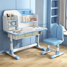 a child's desk and chair in a blue room