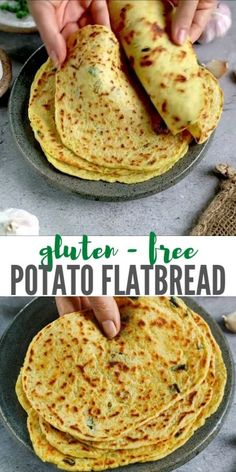 two plates filled with flatbreads on top of each other and the text gluten - free potato flatbread