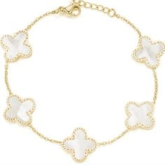 18k Gold Plated Clover Flower 5 Leafs Bracelet Gold White Lucky Bracelet New New To Poshmark? Use Referral Code Mibellascloset To Save $10 Off! Orders Ship Within 24 Hours. Highly Rated Experienced Seller. Smoke-Free Home. Shop With Confidence. Gold And White Bracelet, Collage Items, Gold Vans, Kendra Scott Bracelet, Dress Reference, Bday List, Clover Bracelet, Wishlist Ideas, Clover Flower