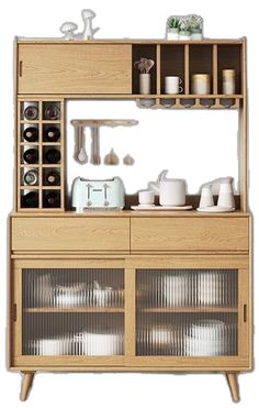 a wooden cabinet filled with lots of dishes