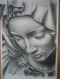 a black and white drawing of a woman's face with her hands on her head