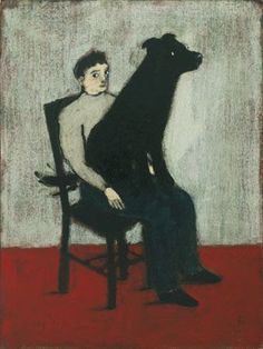 a painting of a man sitting in a chair with a dog on his lap next to him