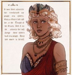 a drawing of a woman with blonde hair wearing a red dress and headdress