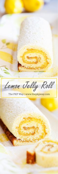 the lemon jelly roll is cut in half and ready to be eaten