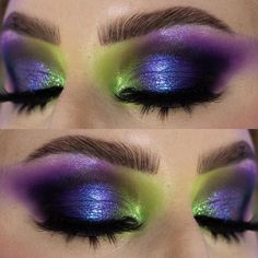 Purple Halloween Eyeshadow, Gradient Eye Makeup, Hades Eye Makeup, Pumpkin Eyeshadow Looks, Halloween Eyeshadow Ideas, Purple And Green Eyeshadow Looks, Witchy Eye Makeup, Green And Purple Eyeshadow, Halloween Eyeshadow Looks