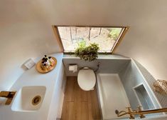 an aerial view of a small bathroom with wood floors and white walls, including the toilet