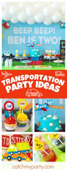 a birthday party with cars, trucks and balloons