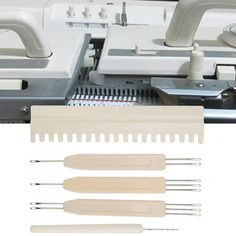 the sewing machine has four needles and two attachments on each side of it,