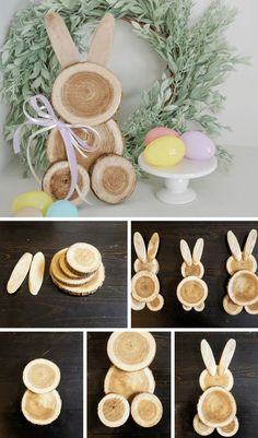 the steps to make an easter bunny wreath with wood slices and eggs in front of it