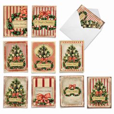 six christmas cards and envelopes with bows, holly wreaths and ribbons on them