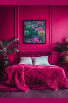 a bed with pink sheets and pillows in front of a painting on the wall next to a potted plant