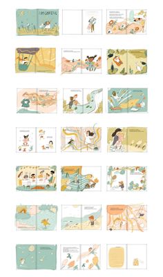 an open book with illustrations of people and animals on the pages, all in different colors