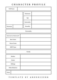 the character profile sheet is shown in black and white