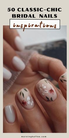 Wedding nails are, of course, one of the most important bride-to-be should focus on since your big day is coming up! The outfit of any bride is not complete without impeccable wedding nails. But you don't need hard-to-copy wedding nail designs to be worth remebering and and to catch all the eyes. What will make the difference is the color you choose and how you combine it even with the most simplest designs. Wedding Nails With Leaf Design, Painted Wedding Nails, Romantic Gel Nails, Wedding Nails Neutral Simple, Nails Fall Wedding Guest, Natural Nails With White Designs, Bridal Nails Nail Art, Floral Bride Nails, Nail Ideas For Mother Of The Groom