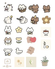 an assortment of cute stickers on a white background with flowers and other things in it