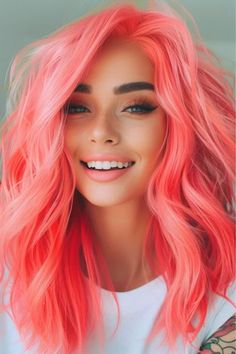 Electric Peach Hair, Pink And Coral Hair, Coral Hair Color Pastel, Peach And Blonde Hair, Short Vivid Hair, Fuschia Hair Color, Neon Peach Hair, Flamingo Pink Hair, Coral Pink Hair