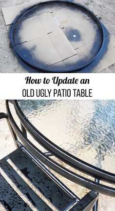 an old patio table is turned into a unique outdoor dining table