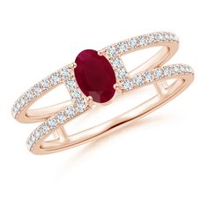 This rendition of an oval ruby ring is one of a kind. It is designed in 14k rose gold and displays a unique parallel split shank. The dazzling diamonds on the shank spotlight the prong-set rich red ruby. Unique Ruby Rings, Oval Ruby Ring, Split Shank Ring, 18k Yellow Gold Ring, Split Shank, 14k White Gold Ring, Red Ruby, Ruby Ring, Gold Platinum