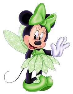 a cartoon mickey mouse dressed in green and black with a bow on his head, waving