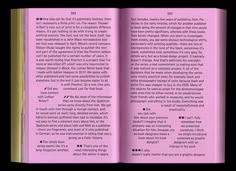 an open book with pink pages and black writing on the page is in front of a black background