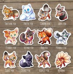 an assortment of stickers with different types of animals and their names in them on a wooden surface