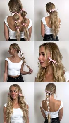 Bow hairstyle | bubble braids | bow era | pink ribbon | easy hairstyle | braids tutorial | hair extensions | long hair inspo | ballerina core | barbie hair ||| 22” Hybrid Weft Mix of Balayage 12/80 and Rooted 12/60 Now In Hair, Simple Hairstyles With Ribbon, Bows On Hair, Pink Bows In Hair, Hairstyles With Pink Ribbon, Little Bows In Hair, Bubble Braid With Bows, Bow Hair Styling, Cute Hair With Ribbon